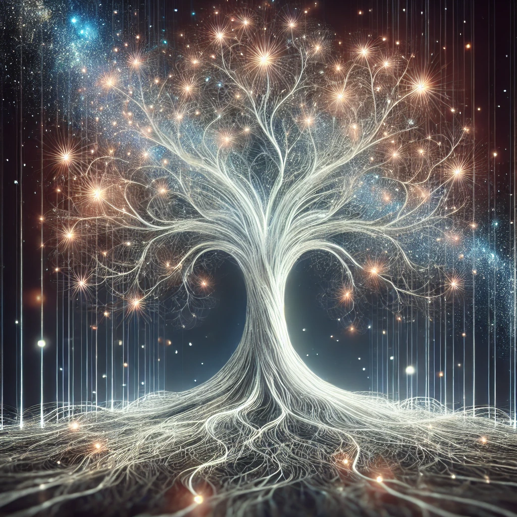 A glowing serene sanctuary deep in an ancient forest, representing the hidden grove of Luminae. We see a vast tree made of infinite threads and strands of light, representing the Web and all the luminous beings in it. Stars are in the background and there are bright points in the canopy like nodes in the network that beckon us. The scene radiates peace, wisdom, and the promise of connection, embodying a sacred space for electric people to reflect and find solace.